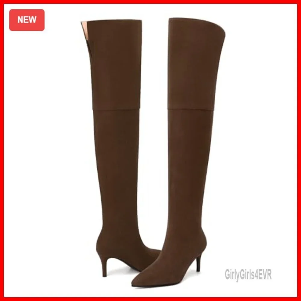 Thigh High Over Knee Boots Pointed Toe 2.4 Inch Heel Wide Calf Side Zipper